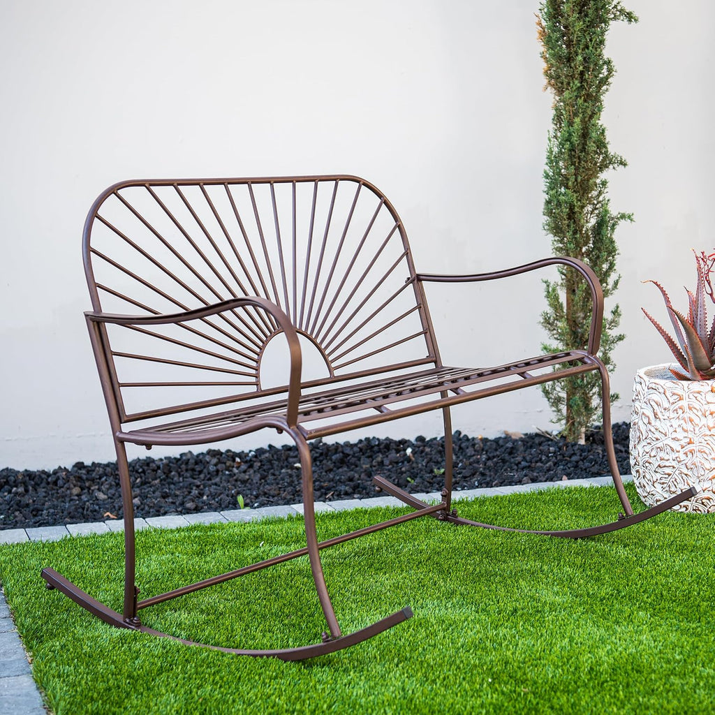 XBrand Outdoor Iron Glider Rocking Bench, Weather-Resistant Patio Glider Rocking Chair with Sun-Pattern Backrest, Heavy-Duty Porch Garden Seating for Yard & Patio, Brown