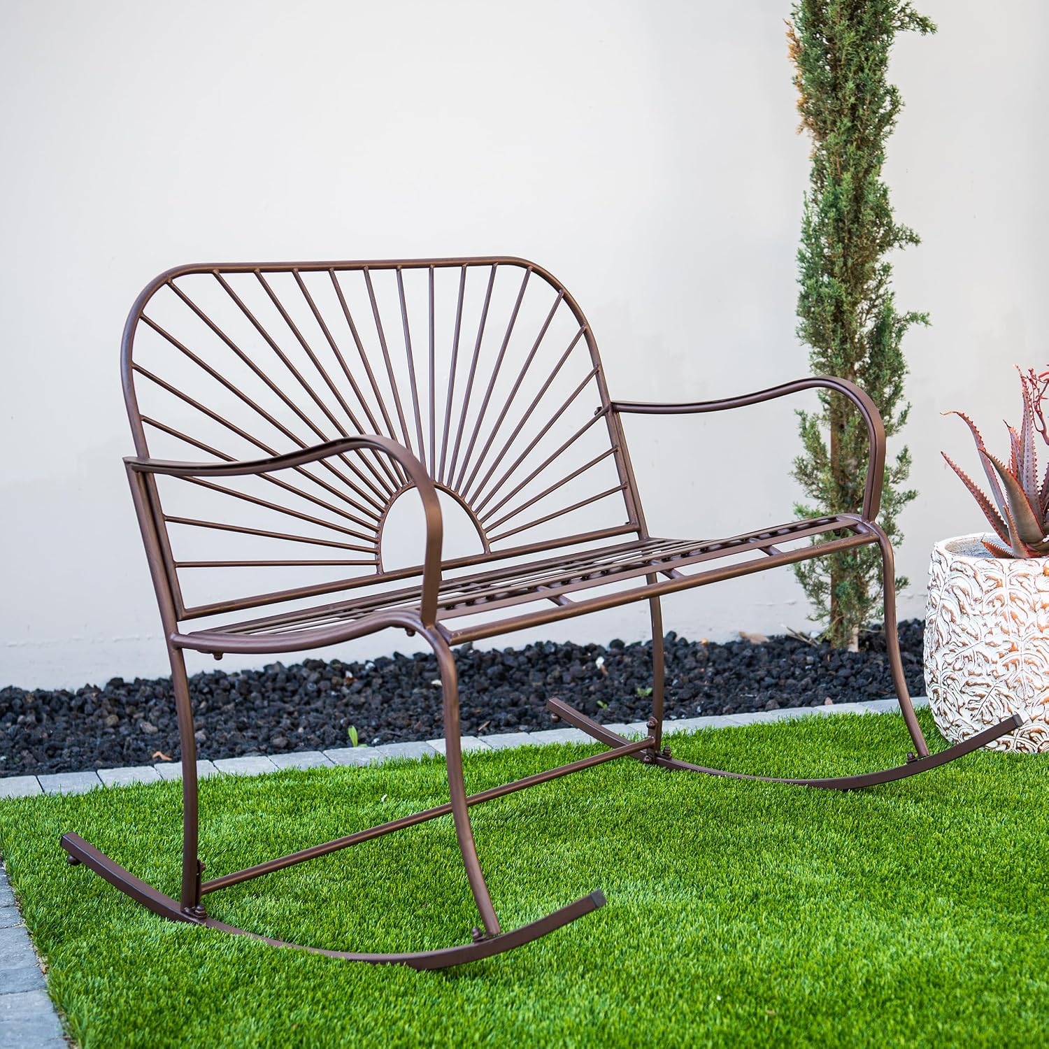 XBrand Outdoor Iron Glider Rocking Bench, Weather-Resistant Patio Glider Rocking Chair with Sun-Pattern Backrest, Heavy-Duty Porch Garden Seating for Yard & Patio, Brown