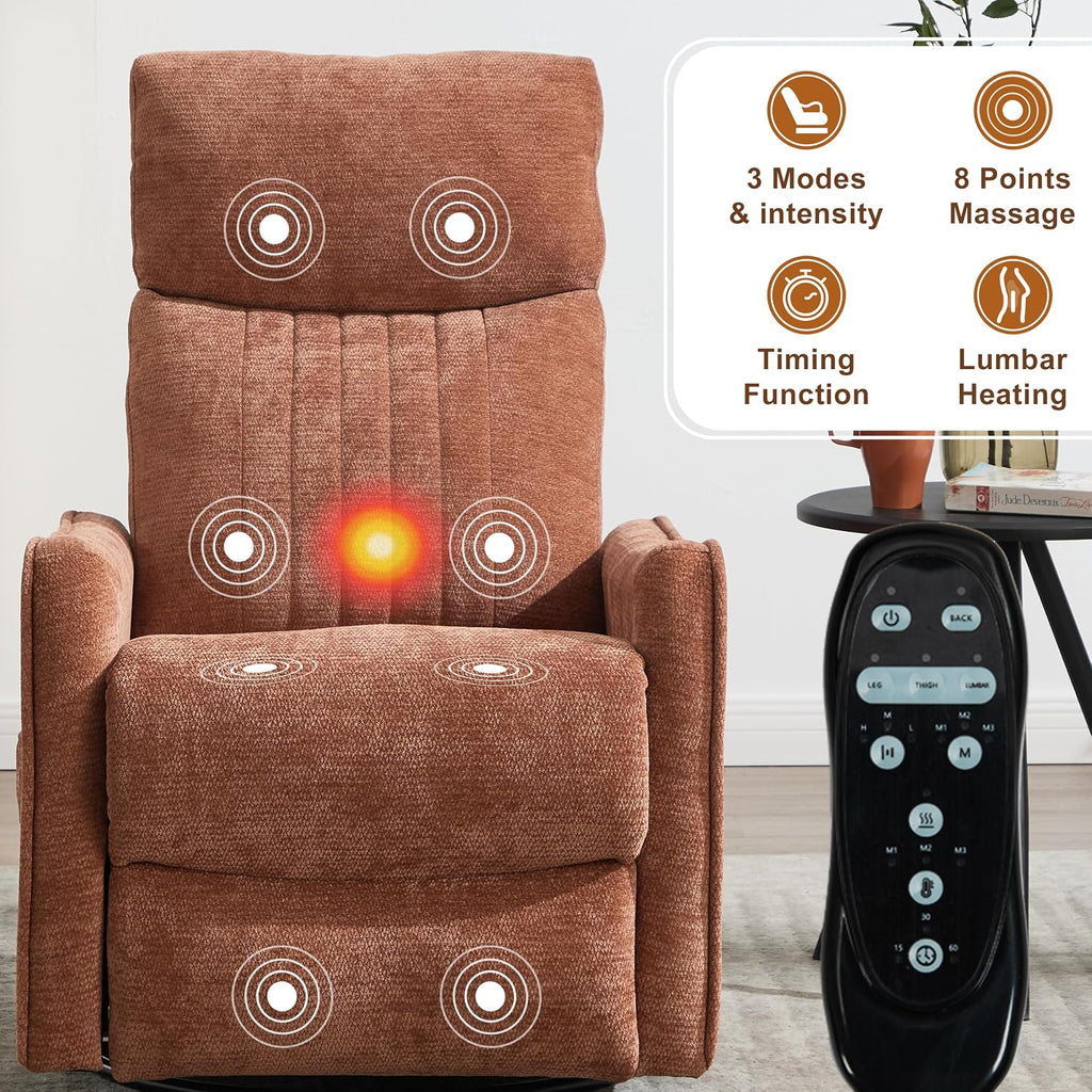 Manual Swivel Rocker Recliner Chair for Adults, Overstuffed Nursery Glider Recliner with Vibration Massage and Lumbar Heat, Living Room Reclining Chair, Fabric Orange