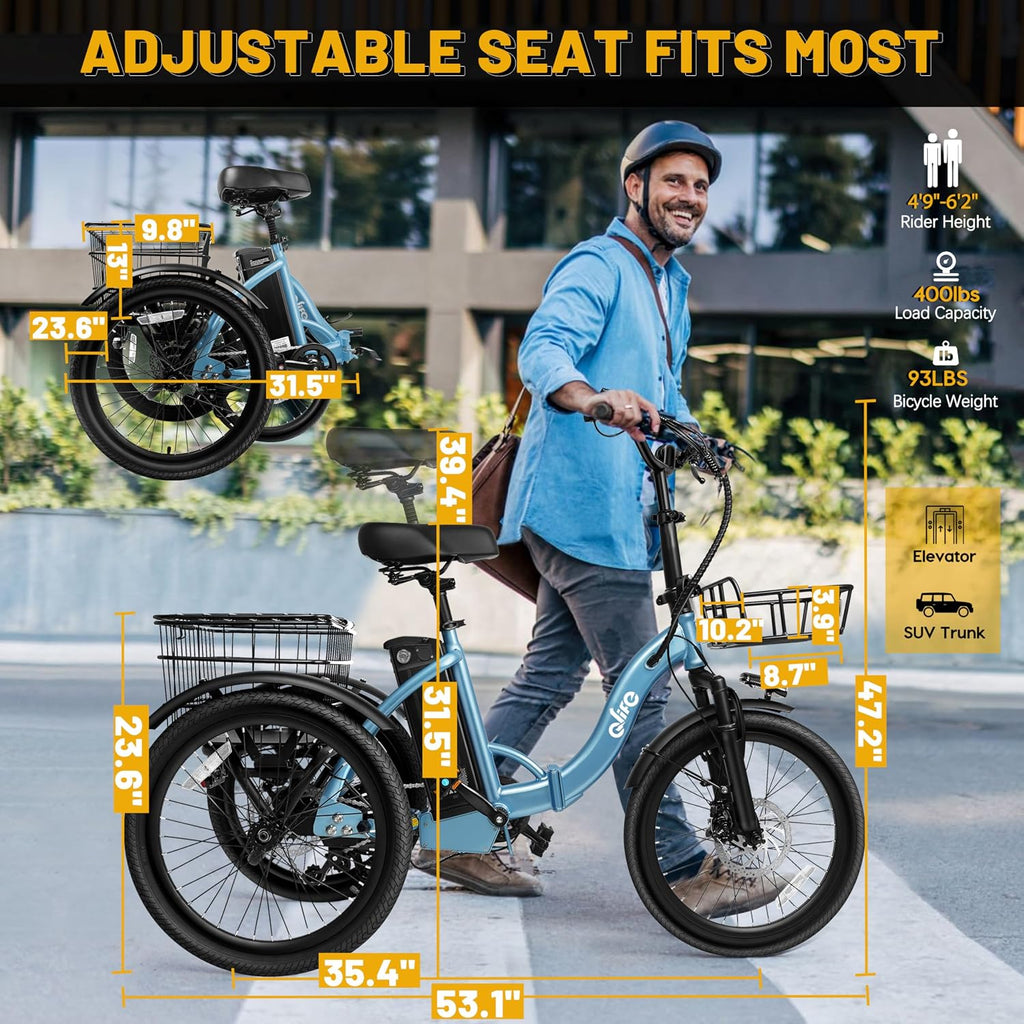 Qlife Triker Electric Bike, Peak 750W Brushless Motor Folding Trike Ebike, 468Wh Removable Battery, Step-Thru 3 Wheel Electric Bicycle, Up to 50 Miles, 20 Tire Tricycle for Adults,U1