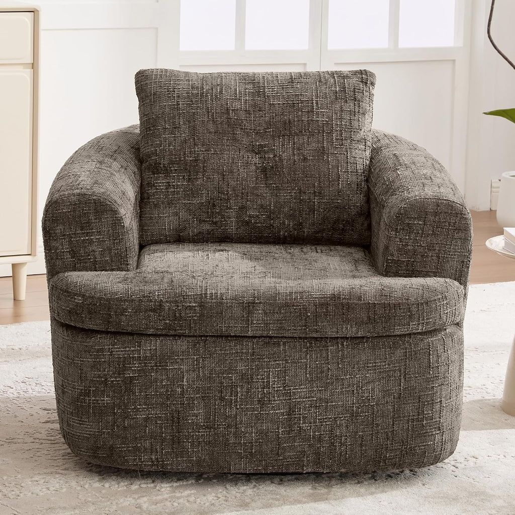 JIVOIT 360° Swivel Barrel Accent Chair, 36.6' Swivel Round Sofa Chair with Dual-Layer Cushion Design, Modern Upholstered Single Sofa for Living Room, Bedroom, Office and Hotel (Brown, 121)