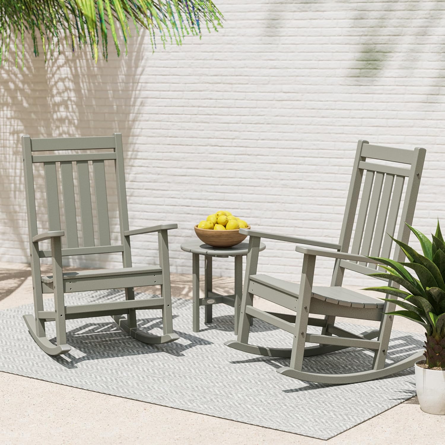 POLYWOOD Estate 3-Piece Rocking Chair Set, Outdoor Porch Rockers with Side Table, HDPE Patio Furniture, Fade-Proof, Slate Grey