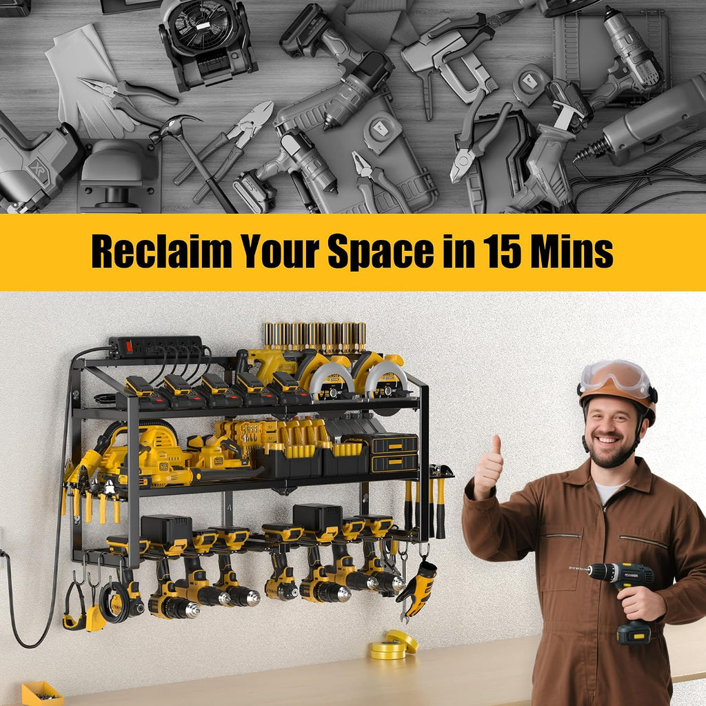 Spampur Power Tool Organizer Wall Mount with Charging Station, 3 Layers Storage Rack with 8 Cordless Drill Hangers, Tool Battery Holder Built in 6 Outlet Power Strip, Utility Racks for Garage Workshop
