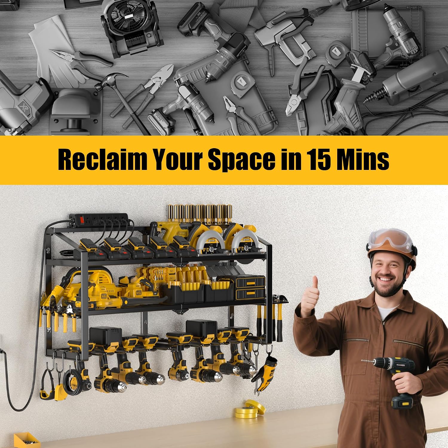Spampur Power Tool Organizer Wall Mount with Charging Station, 3 Layers Storage Rack with 8 Cordless Drill Hangers, Tool Battery Holder Built in 6 Outlet Power Strip, Utility Racks for Garage Workshop