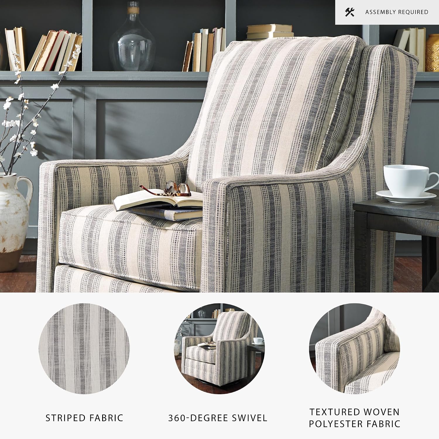 Signature Design by Ashley Kambria Striped Upholstered Swivel Accent Glider Chair, Ivory & Black