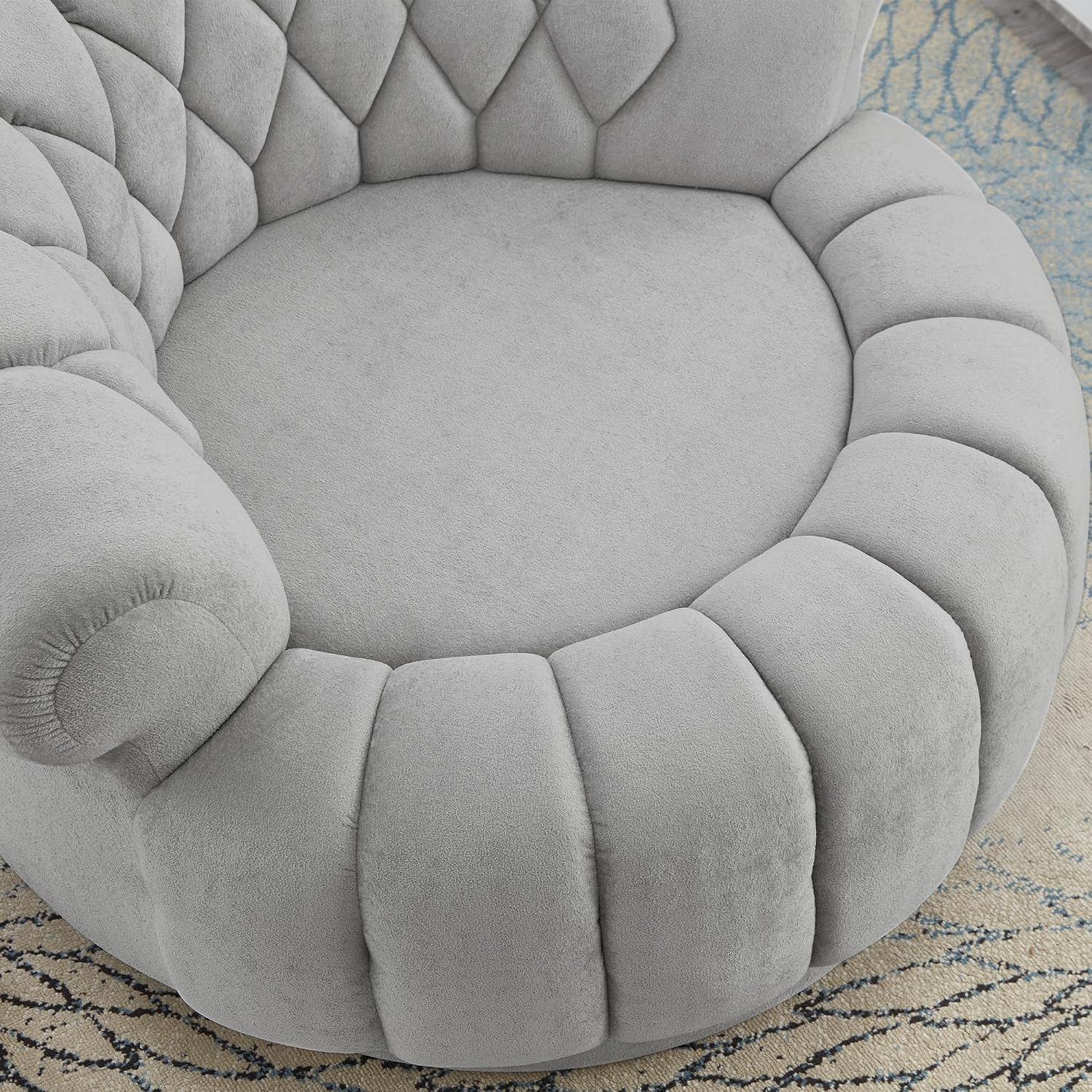 360° Swivel Accent Chair, Chenille Fabric Barrel Swivel Chair Round Club Chair with Curved Armrests & Thick Cushioning, Stylish Channel-Tufted & Diamond-Quilted Backrest for Living Room (Gray,02)