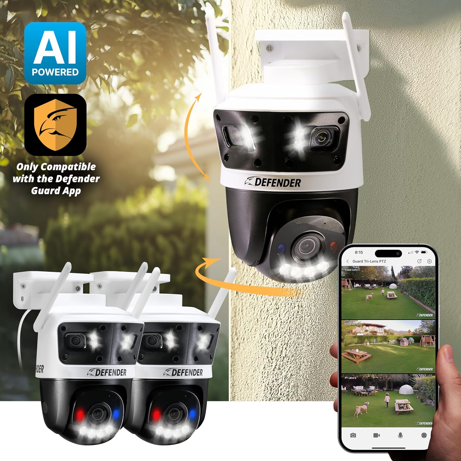 Defender AI Powered 3K+ Guard WiFi Tri-Lens PTZ Plug-in Power Outdoor Security Camera, 3-in-1, 360°, 8X Zoom, Human/Vehicle AI Detection, Blue/Red LED, WiFi 6, Works w/Guard App, 2 Pack