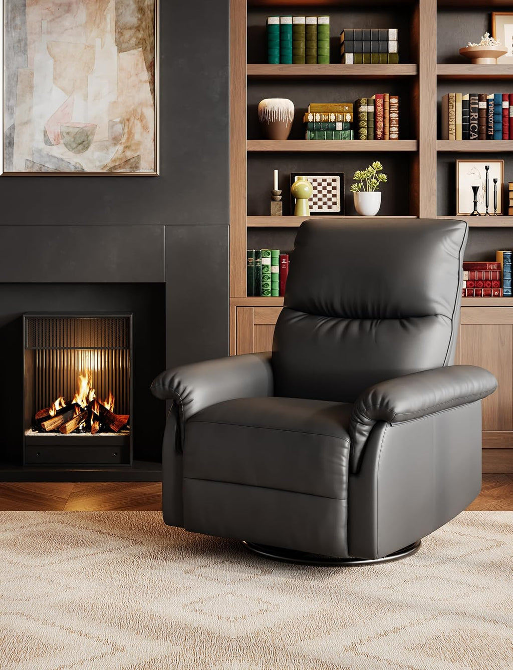 GAOMON Swivel Rocking Recliner Chair, Manual Leather Recliner Glider with Lumbar Support & Padded Armrest, Comfortable Rocker Nursery Single Sofa for Living Room and Bedroom (Black)