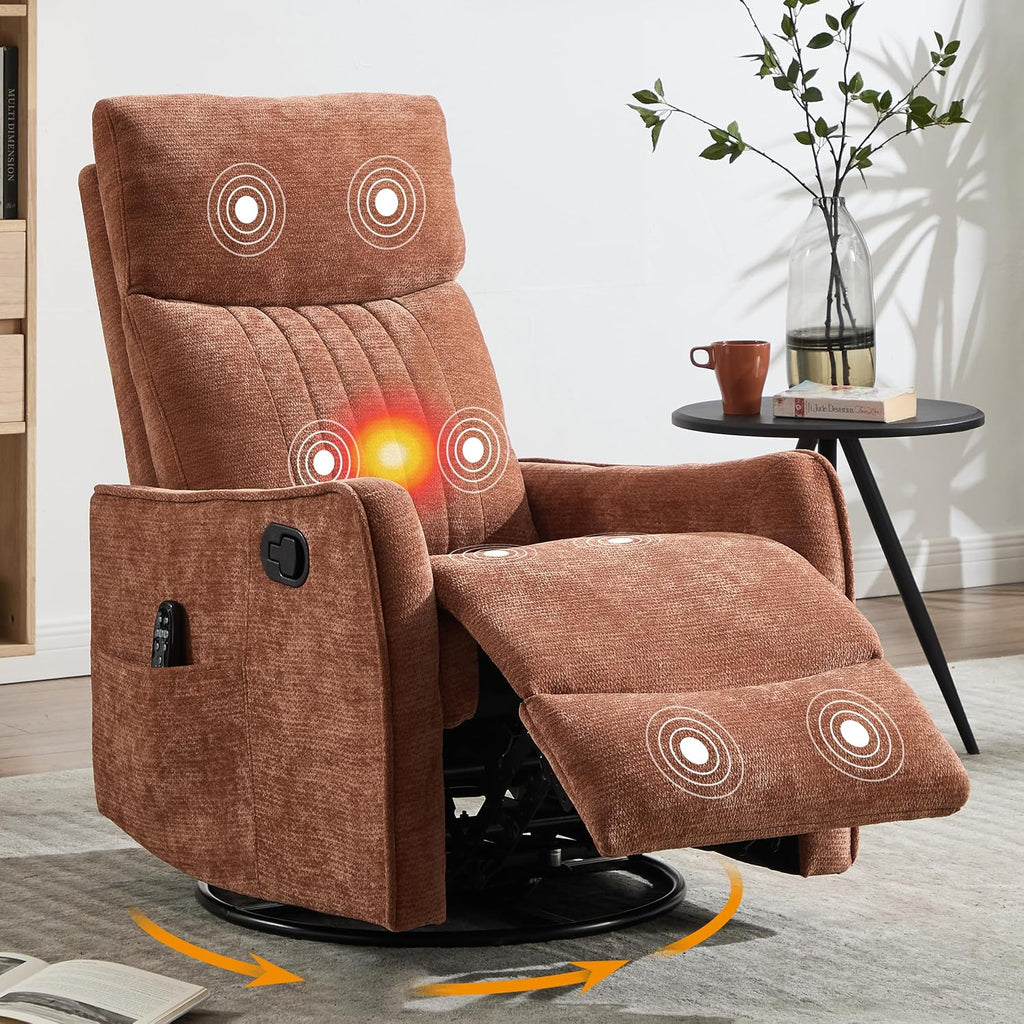Manual Swivel Rocker Recliner Chair for Adults, Overstuffed Nursery Glider Recliner with Vibration Massage and Lumbar Heat, Living Room Reclining Chair, Fabric Orange