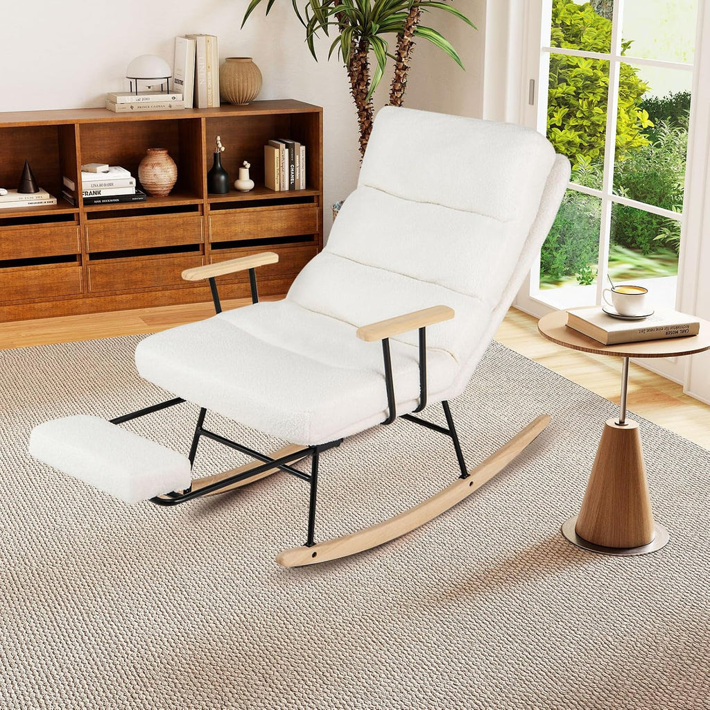 Giantex Rocking Chair Nursery, Teddy Upholstered Rocker Chair w/ 5-level Adjustable Backrest & Retractable Footrest, Rubber Wood Legs & Felt Foot Pads, Modern Accent Chair for Living Room, Bedroom (2)