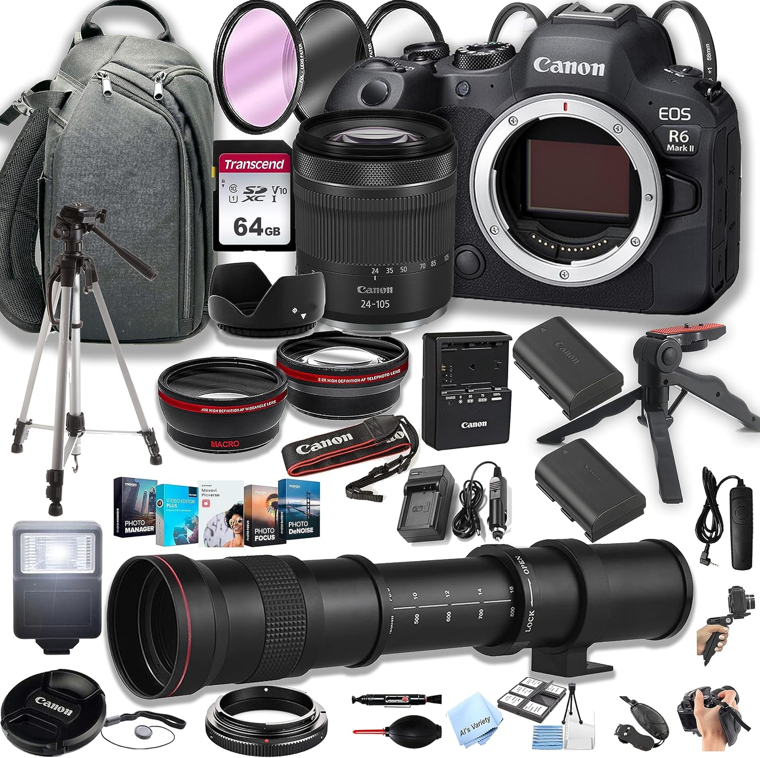 Canon EOS R6 Mark II Mirrorless Camera with 24-105mm Lens + 420-800mm Super Telephoto Lens + 100S Sling Backpack + 64GB Memory Cards, Professional Photo Bundle (42pc Bundle) (Renewed)