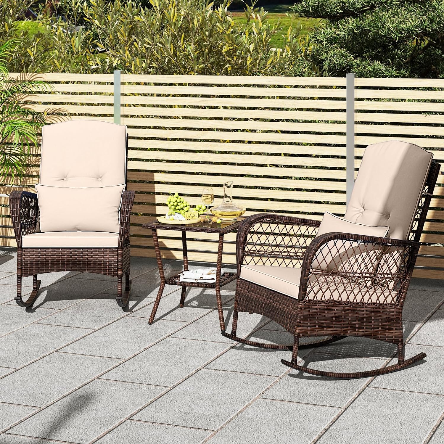 Tangkula 3 Piece Patio Rocker Set, Patiojoy Outdoor Wicker Rocking Chairs w/Double-Layer Coffee Table, Rattan Rocker Chair Set w/Seat Back Cushions & Pillows, for Porch, Backyard, Poolside (Beige)