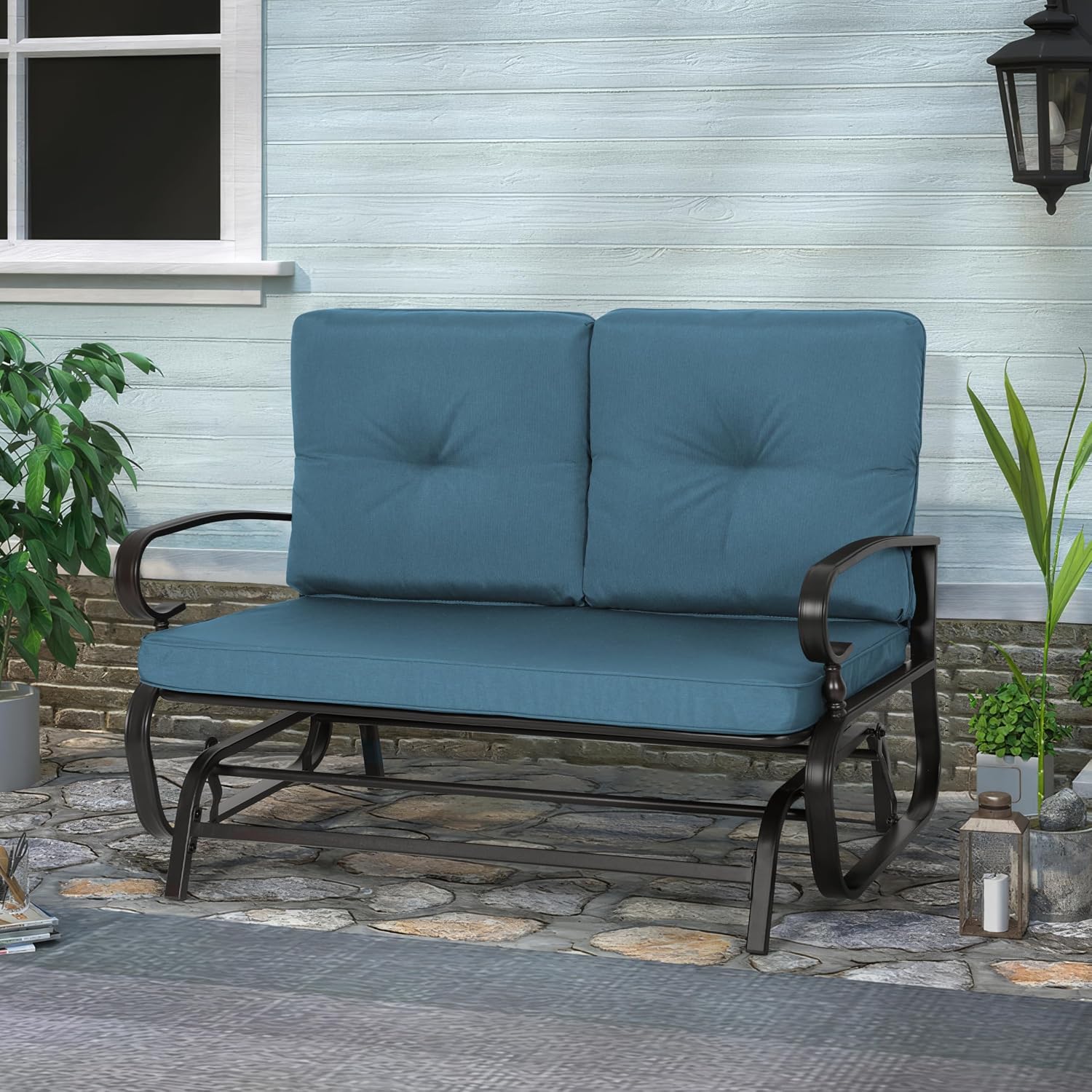 Crownland Outdoor Patio Glider Chair, Rocking Glider Bench for 2 Person, Porch Furniture Loveseat Seating, Wrought Iron Patio Textilene Gliders for Outside, Porch, Garden(Peacock Blue)