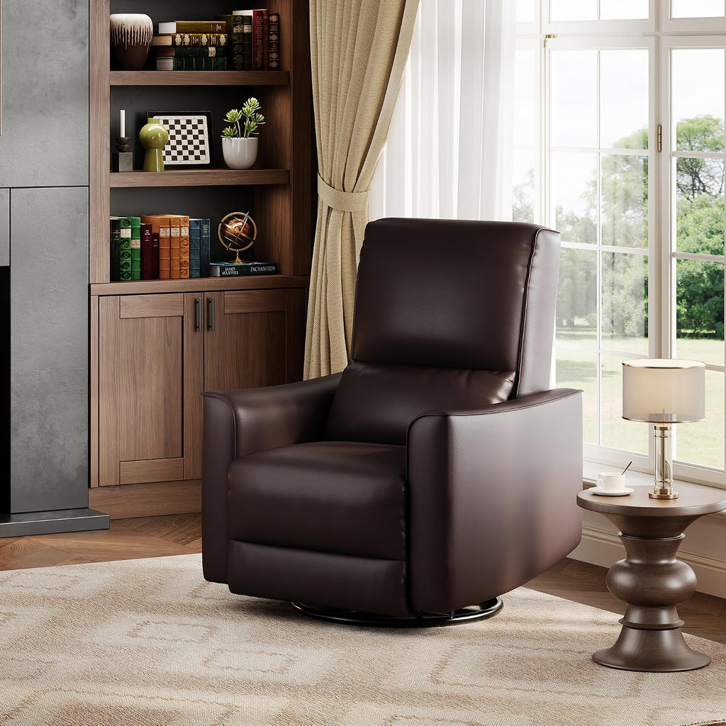 GarveeHome Recliner Chair, 360° Swivel Rocker Glider Nursery Chair with Padded Armrest and Deep Seat, PU Leather Upholstered Reclining Sofa Chair for Living Room, Bedroom and Nursery (Dark Brown)