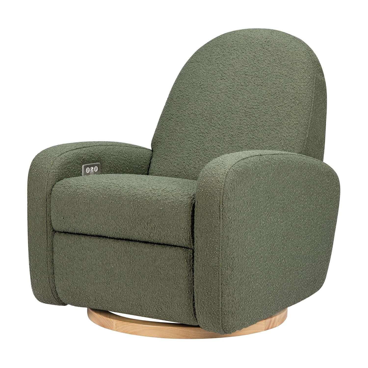 Babyletto Nami Electronic Power Recliner and Swivel Glider with USB Port in Olive Boucle with Light Wood Base, Water Repellent & Stain Resistant, Greenguard Gold and CertiPUR-US Certified