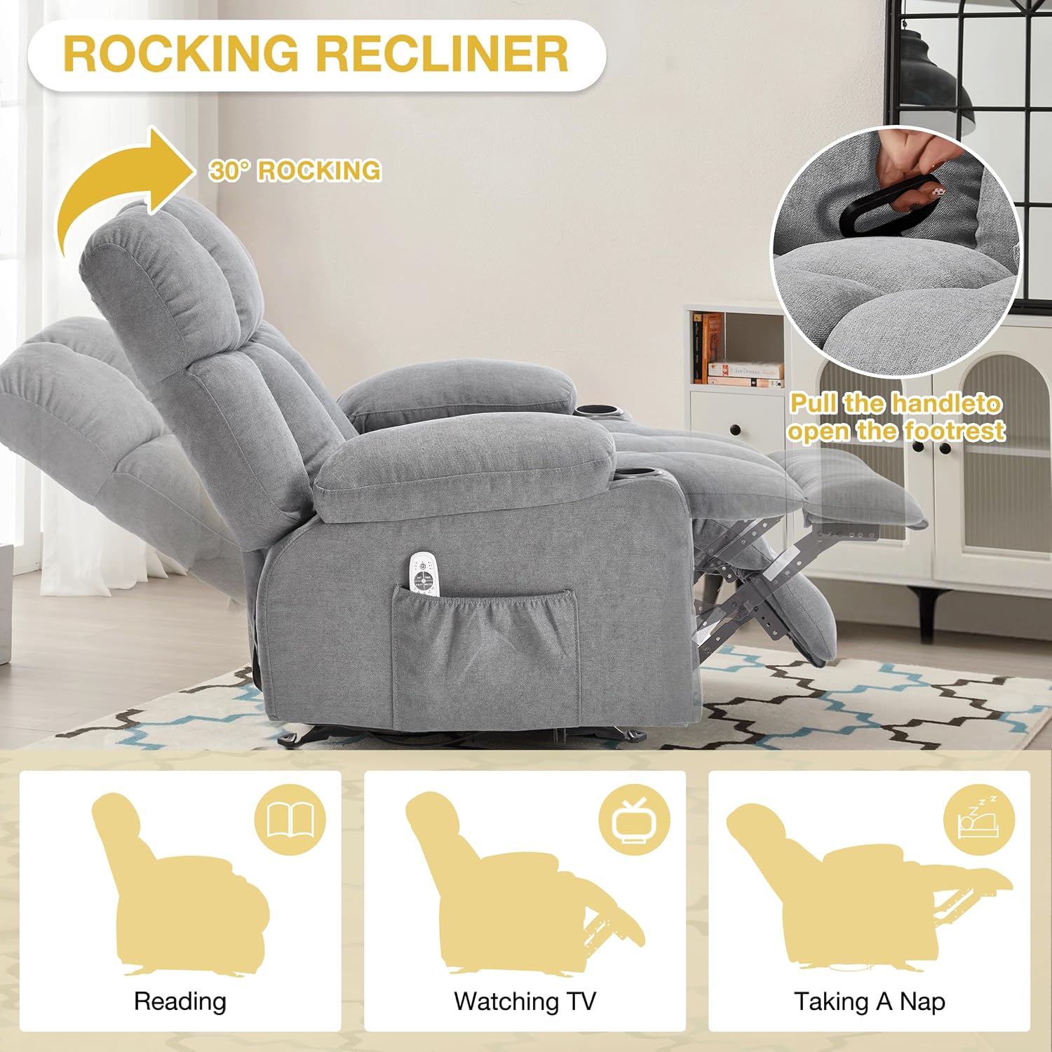Massage Recliner Chair, Overstuffed Rocker Lazy Boy Chairs with Vibration&Gently Heat,Fabric Ergonomic Manual Nursery Chair for Living Room with Side Pocket, 2 Cup Holders, Grey