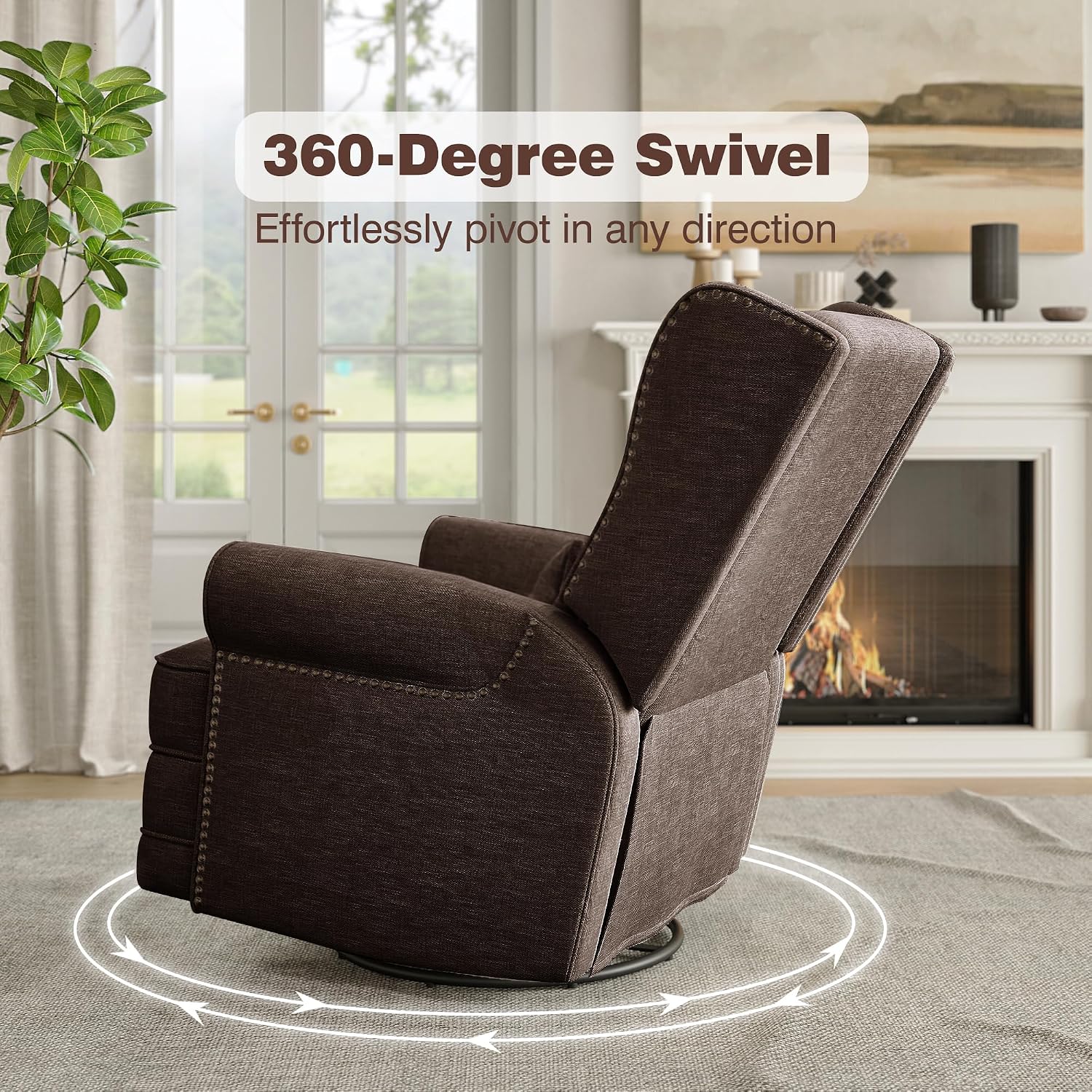 May in Color Nursery Glider Recliner, Comfy Upholstered Glider Chair with Lumbar Pillow and Footrest, Swivel Rocking Chair for Bedroom, Living Room, Brown