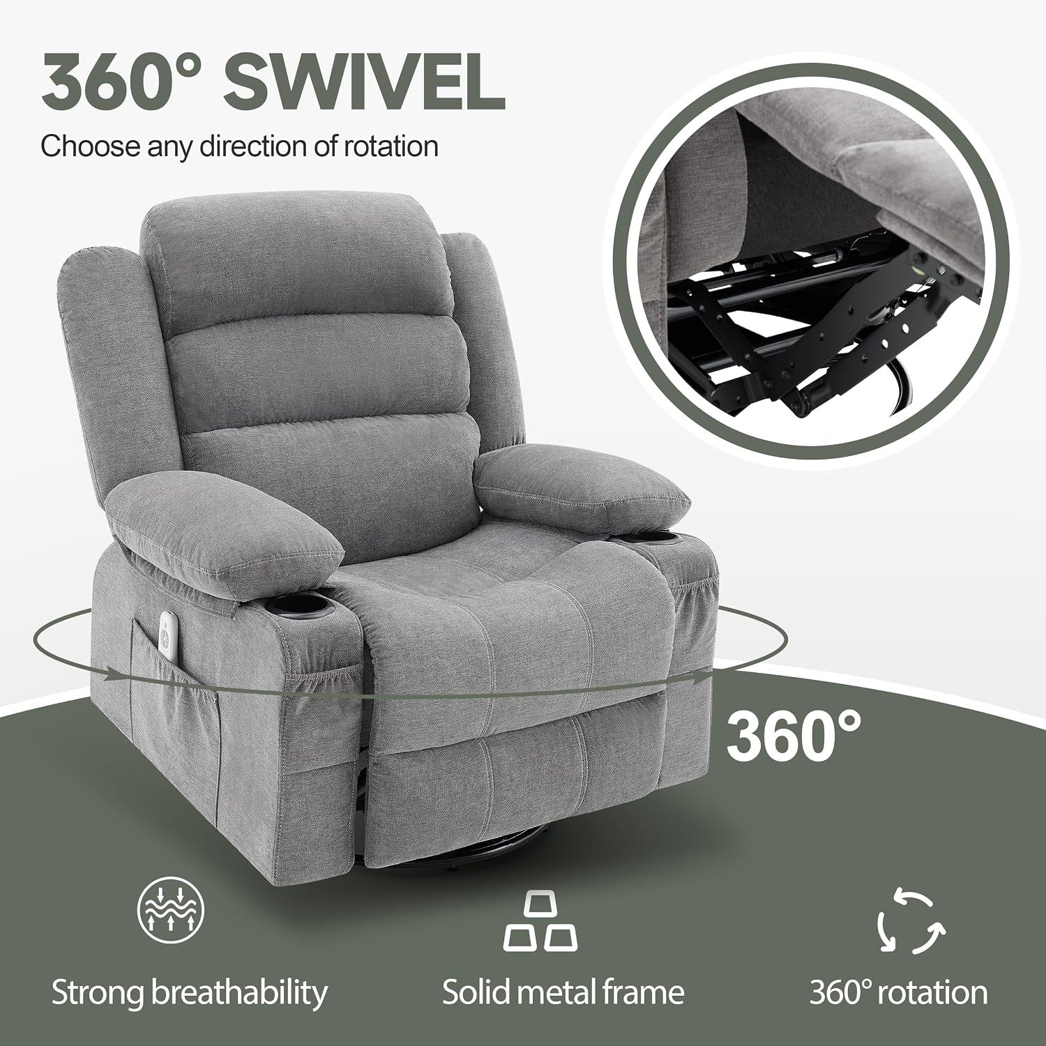 Rocker Recliner Chair with Heat and Massage, 360° Swivel Nursery Rocking Chairs for Adults, Oversized Recliner Single Sofa Seat with Cup Holders, Lazy Boy Recliner Single Sofa (Manual, Grey)