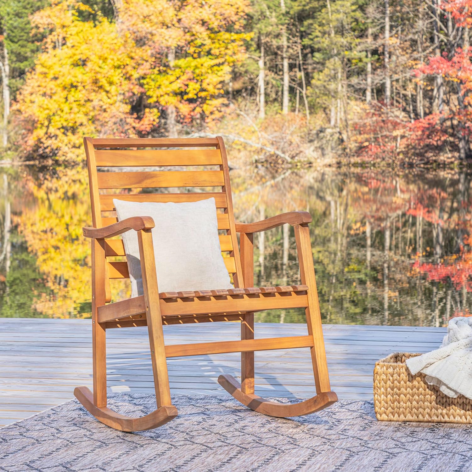 JONATHAN Y RCK101A Carey Modern Slat-Back 300-Lbs Support Acacia Wood Patio Outdoor Rocking Chair for Garden, Lawn, Backyard, Pool, Deck, Beach, Firepit, Teak