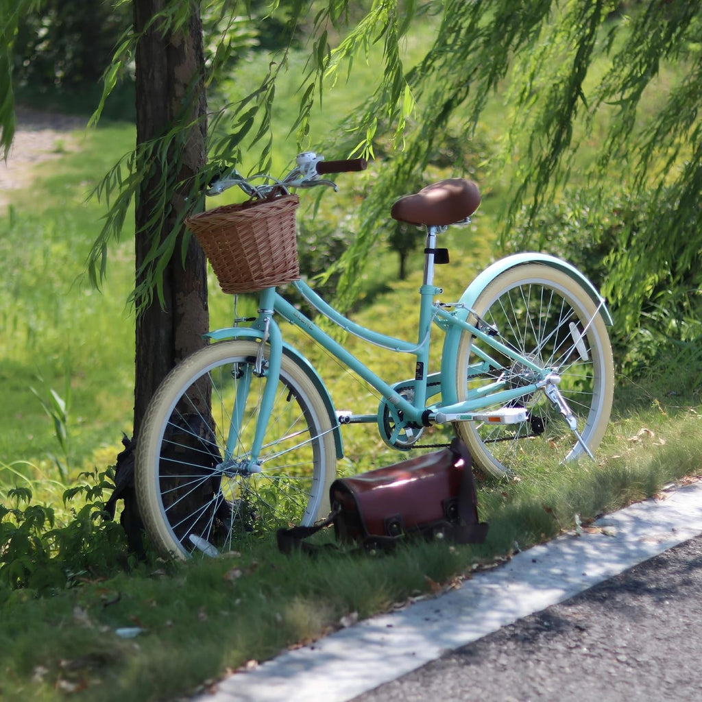 Glerc 20 24 26 Inch Beach Cruiser Bike, 6-Speed Hybrid City Bicycle for Girls Youth and Over 6 Years Old, Missy Bike with Wicker Basket & Lightweight, Multiple Colors