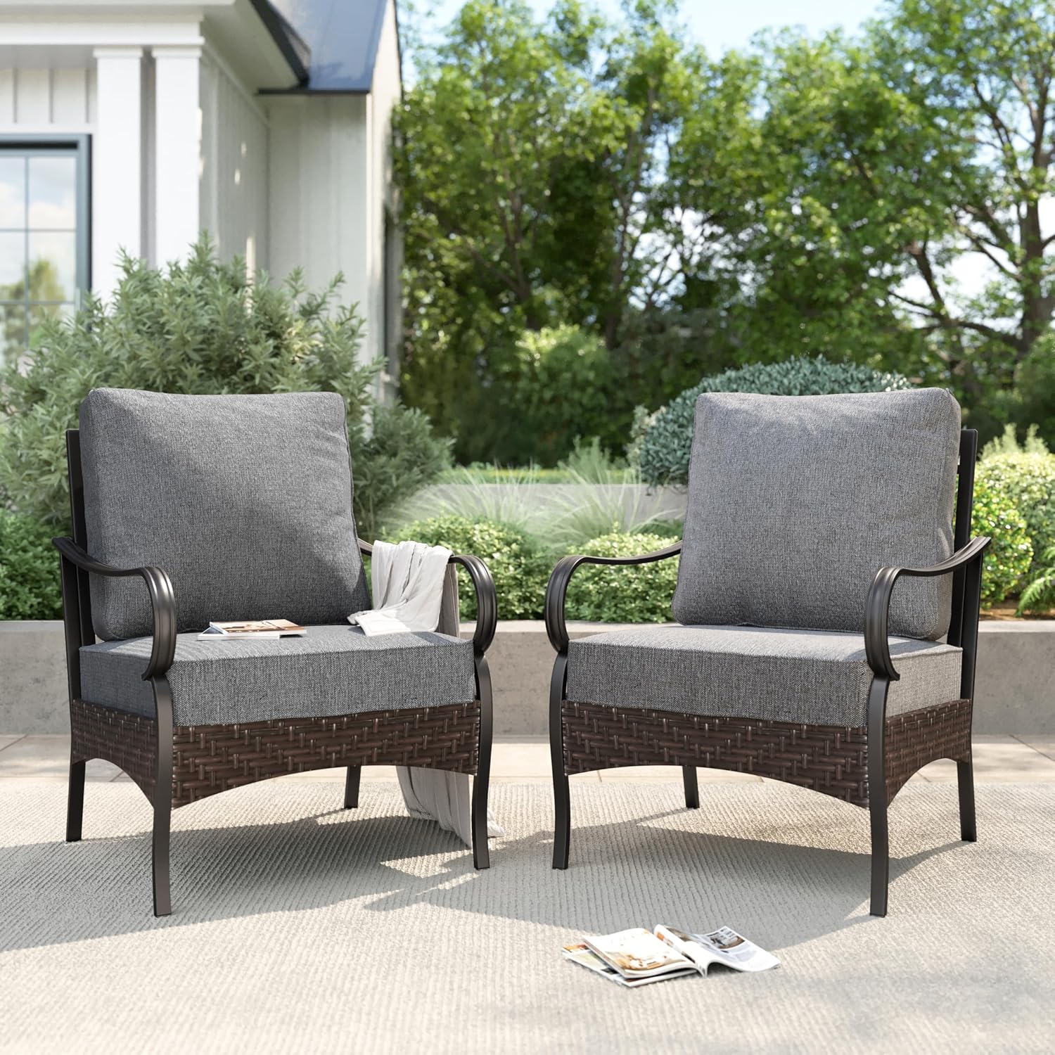 PHI VILLA Patio Chairs Set of 2, Outdoor Wicker Chairs with Thick Cushion, All Weather High Back Outdoor Furniture for Balcony Porch and Yard
