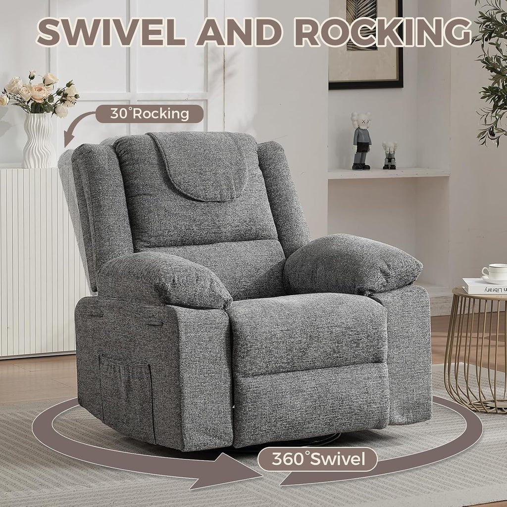 Rocking Nursery Glider Recliner Chair,360° Swivel Rock Recliner Chairs Single Sofa with Vibration Massage and Heating for Living Room/Bedroom,Grey