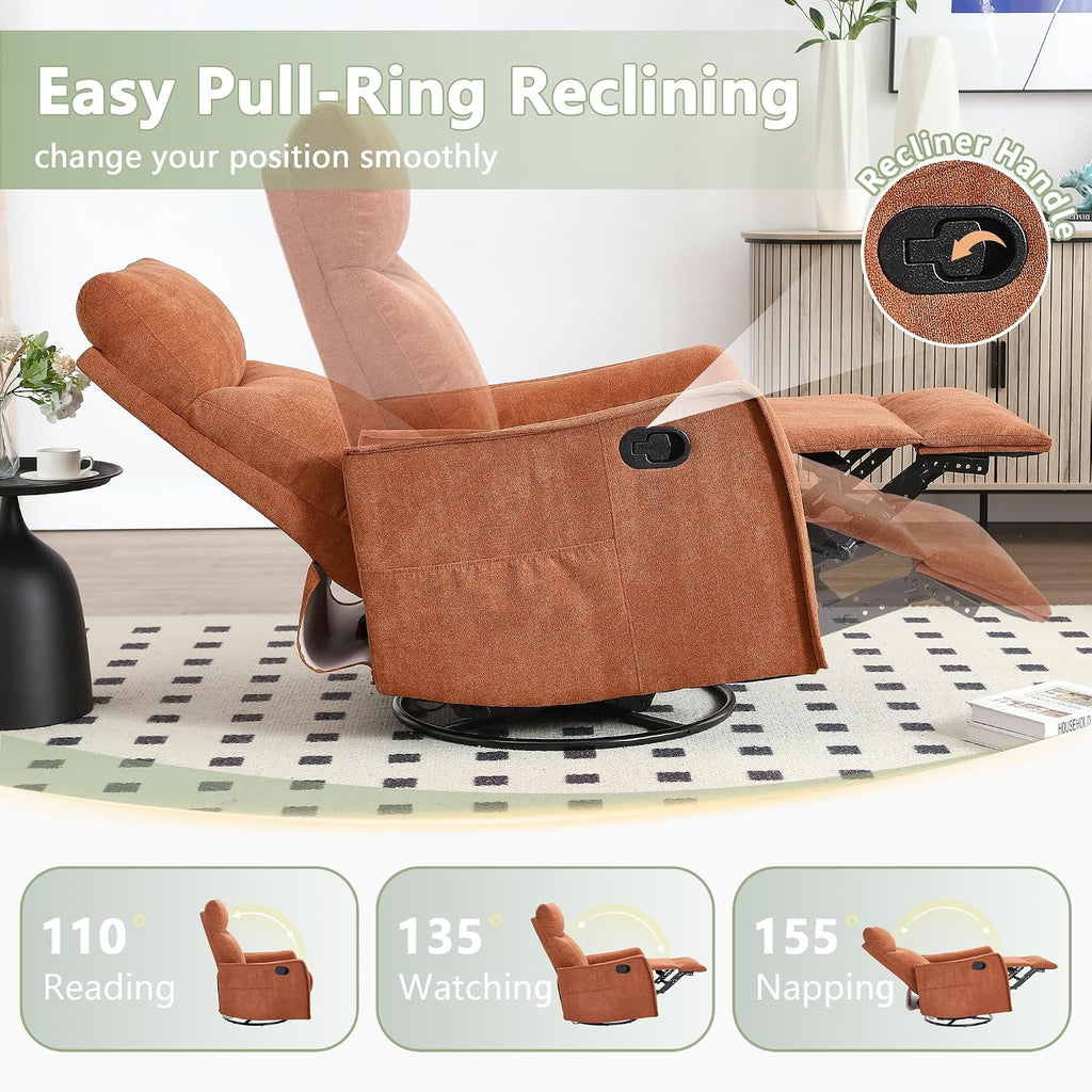 cinkehome Swivel Rocker Recliner Chair with Heated Massage, Rocking Reclining Chairs for Nursery, Small Spaces, High Back, Side Pocket