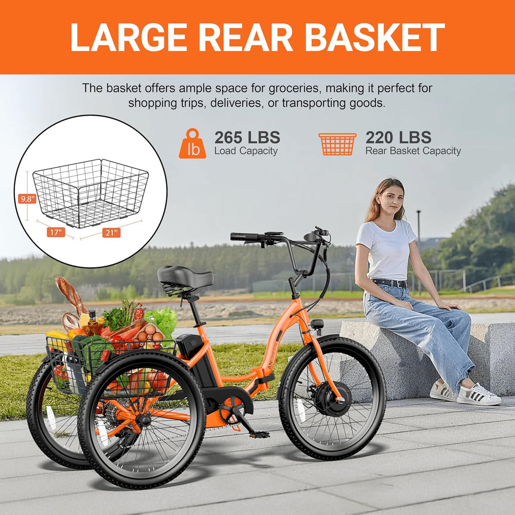 ANCHEER Electric Tricycle for Adults, 350W(Peak 550W) Etrike, 48V/499Wh Ebike, 24' Folding 3 Wheel Electric Trike, 15.5MPH & 55Miles Electric Bike, Rear Differential, Rear Basket