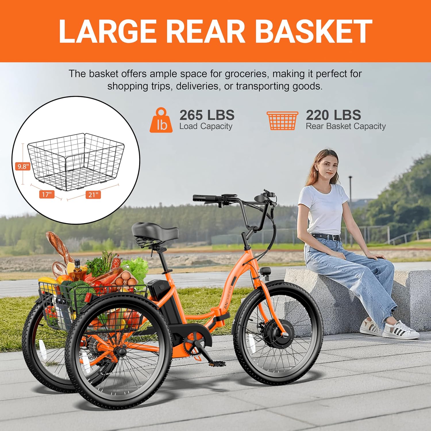 ANCHEER Electric Tricycle for Adults, 350W(Peak 550W) Etrike, 48V/499Wh Ebike, 24' Folding 3 Wheel Electric Trike, 15.5MPH & 55Miles Electric Bike, Rear Differential, Rear Basket