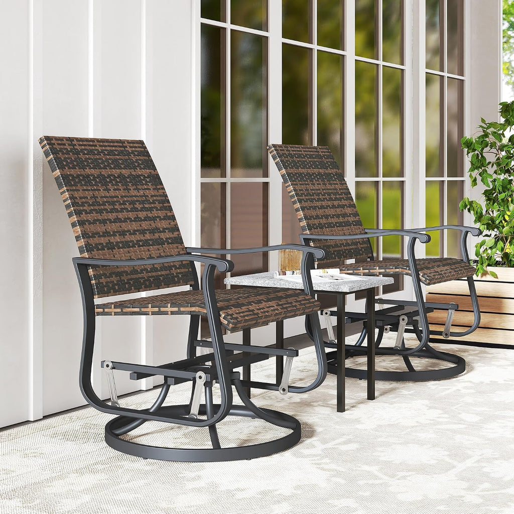 Outsunny Patio Glider Chair Set of 2, Wicker Rattan Outdoor Swivel Chair with Steel Frame, High Back, Armrests, Porch Glider with Adjustable Foot Pads for Garden, Lawn, Backyard, Brown