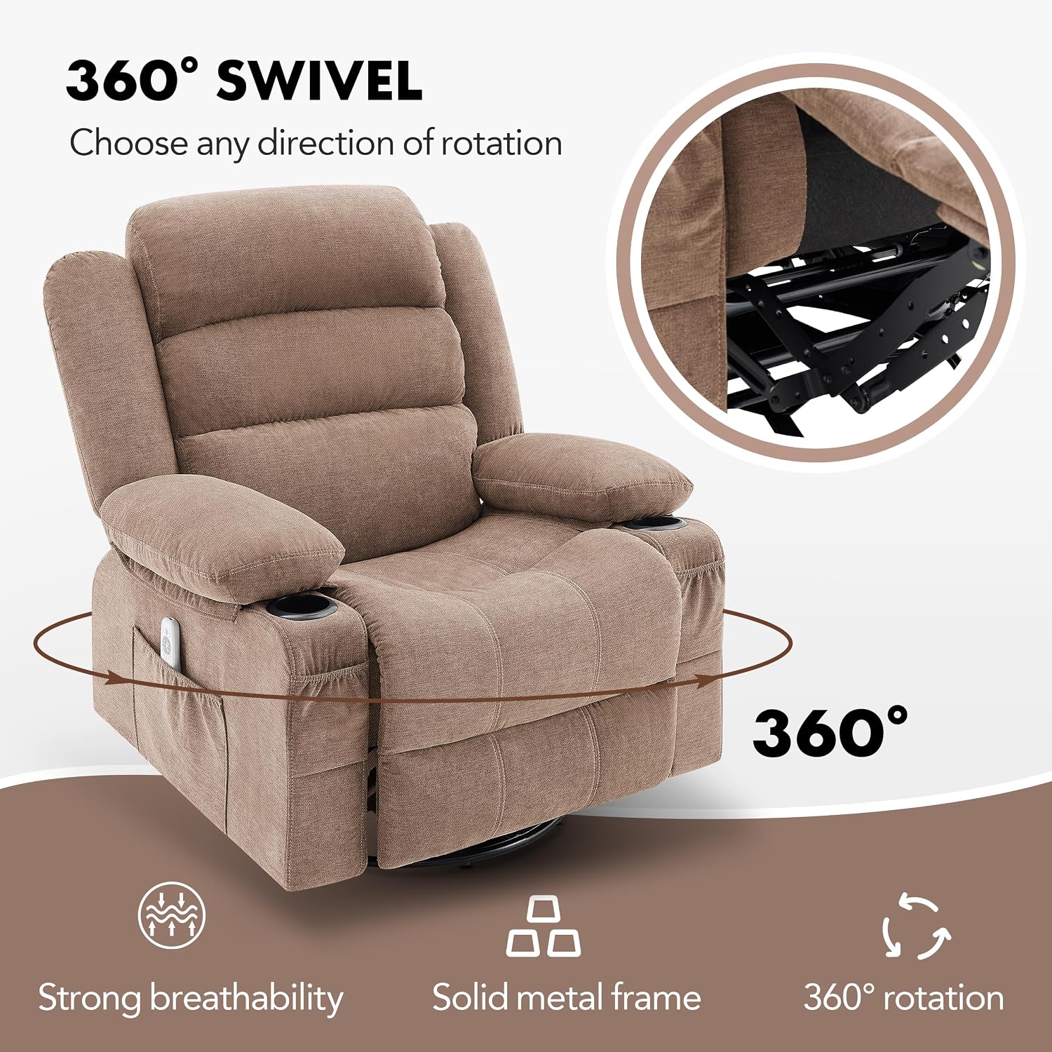 Rocker Recliner Chair with Heat and Massage, 360° Swivel Nursery Rocking Chairs for Adults, Oversized Recliner Single Sofa Seat with Cup Holders, Lazy Boy Recliner Single Sofa (Manual, Brown)
