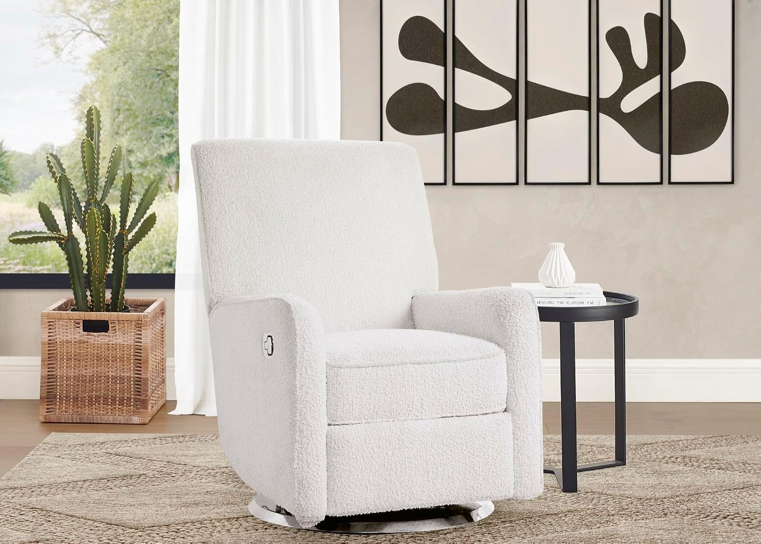 Delta Children Nest Nursery Swivel Recliner - Fabric is GREENGUARD Gold Certified and Oeko-TEX Standard 100 - Upholstered in a Unique Chenille Yarn for Blanket Like Softness, Oyster