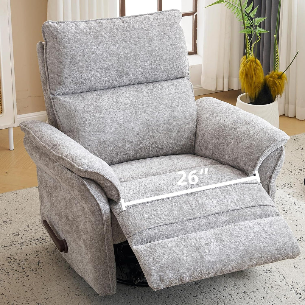 Oversized Glider Rocker Recliner, 26' Extra Wide 360° Swivel Nursery Recliner with Adjustable Headrest, Chenille Rocking Nursery Chair with Overstuffed Armrest, Lumbar Support, Light Grey