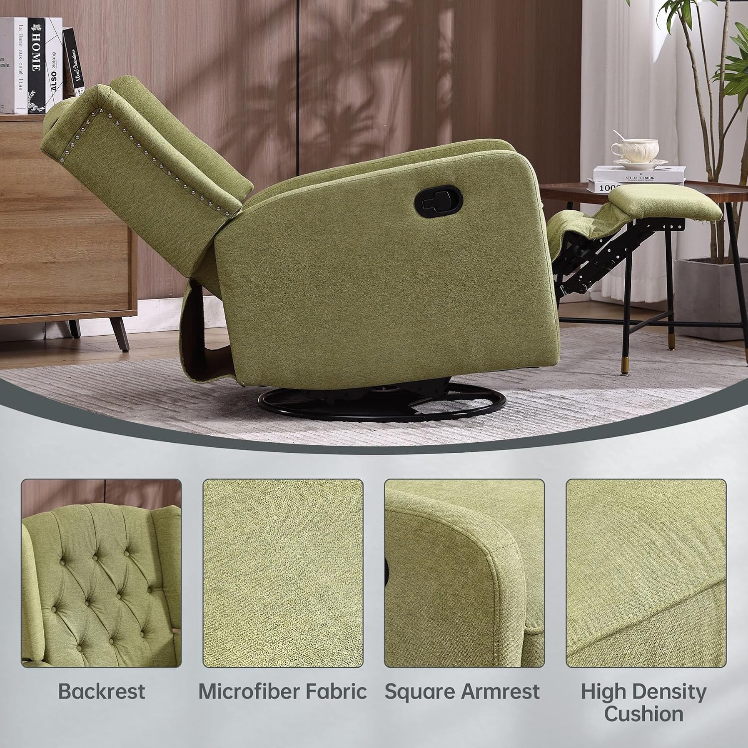 HRVEOCEI Glider Recliner Nursery Chair, Cozy Linen Rocking Chair Nursery Recliner with Adjustable Button Backrest and Footrest, Swivel Recliner Chair for Living Room, Bedroom, Office (Olive Green)