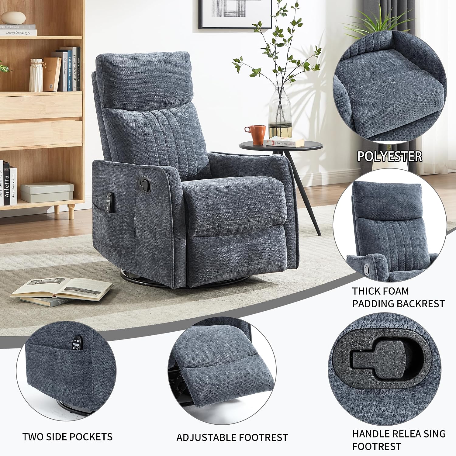 Manual Swivel Rocker Recliner Chair for Adults, Overstuffed Reclining Glider Chair for Nursing with Vibration Massage & Heat, Living Room Rocking Recliner 2-Stage backrest, Chenille Fabric Blue
