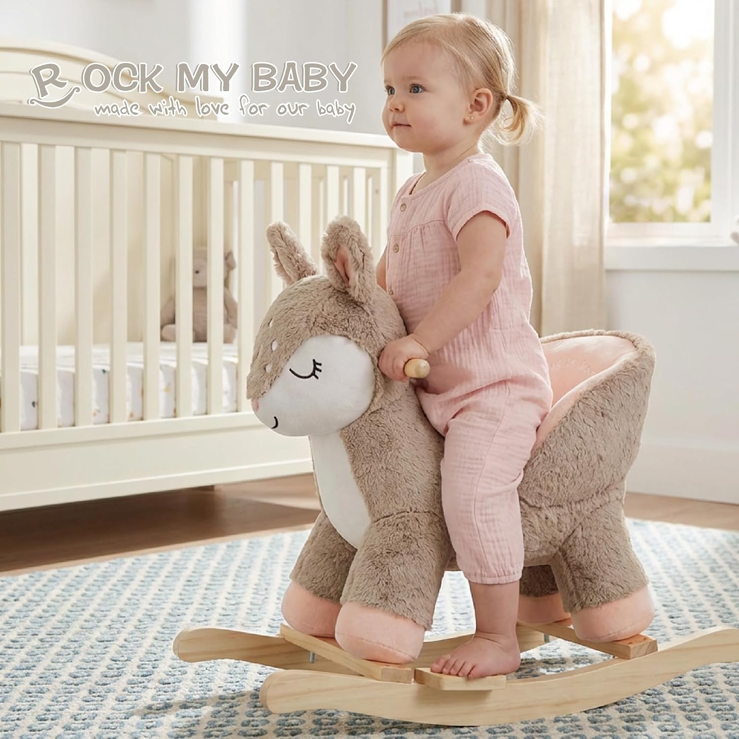 Rock My Baby Rocking Horse Deer with Chair, Plush Stuffed Animal Rocker for Toddlers 1-3, Baby Rocker with Sweet Music, Animal Ride on,Pink Deer,CPC Certified