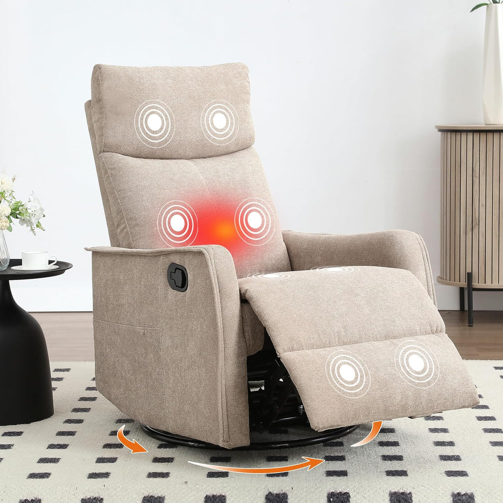 Manual 360° Swivel Rocker Recliner Chair for Adults, Overstuffed Glider Chair for Nursery with Vibration Massage and Heat, Comfy Soft Fabric Glider with Side Pockets for Living Room, Khaki