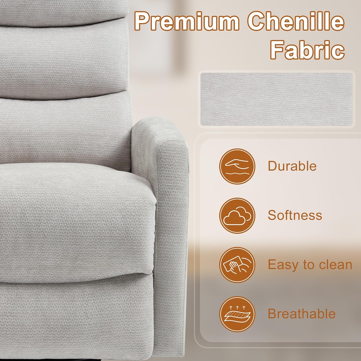 Manual Swivel Rocker Recliner Chair for Adults, Overstuffed Reclining Glider Chair for Nursing with Vibration Massage & Heat, Living Room Rocking Recliner 3-Stage backrest, Chenille Fabric Light Gray