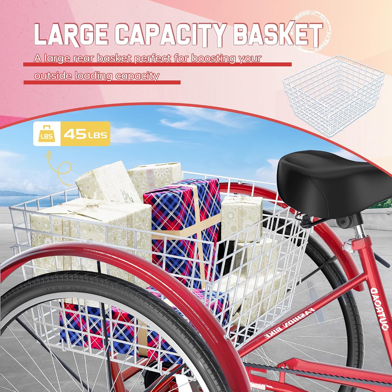 Outroad Adult Tricycle, 24/26 inch 1 Speed Cruiser Trike, 3 Wheel Bikes with Large Basket for Seniors, Women, Men, Adult Trikes for Shopping Picnic Outdoor Sports,Red Blue