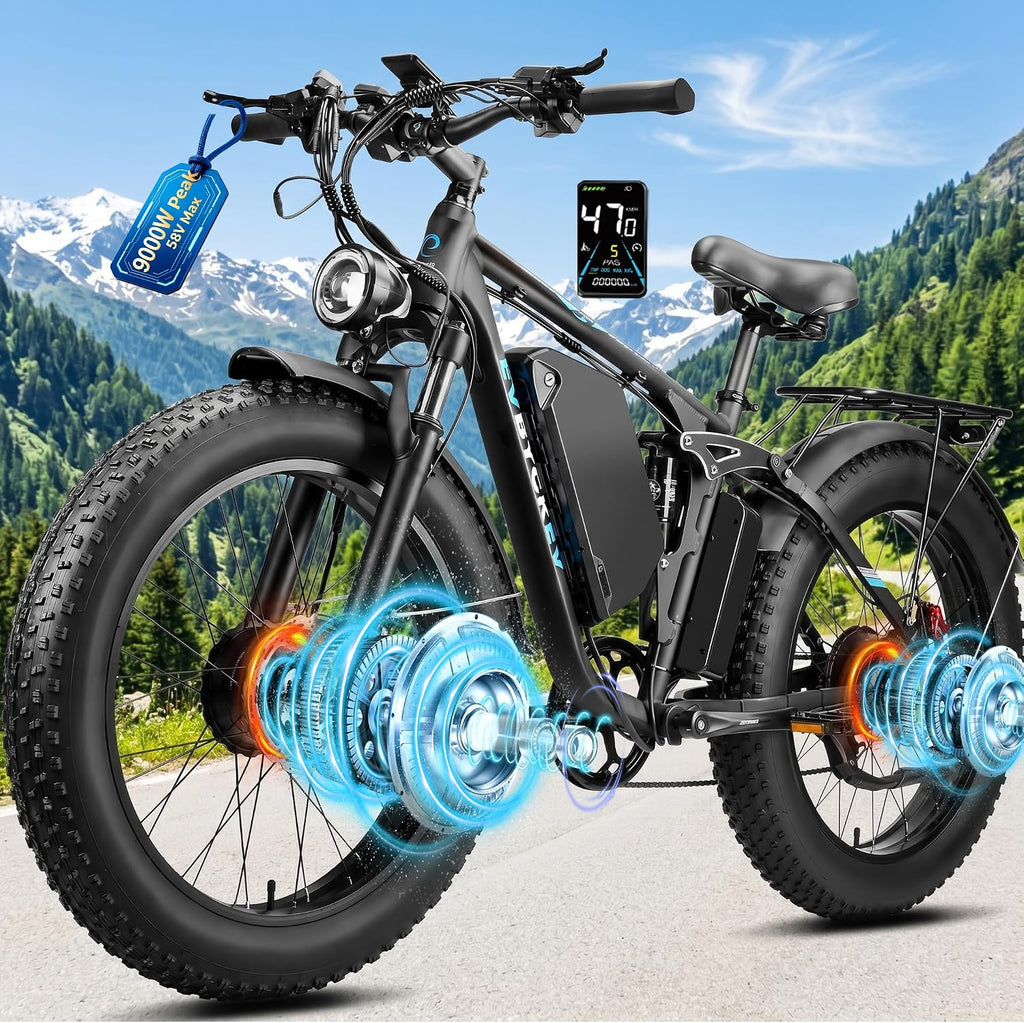 9000W Peak Electric Bike for Adults,58V Max-Output 1856Wh Dual Motor Ebike,34Ah Battery 47MPH Up to 105Miles Fast 24' x4.0 Fat Tire Ebike,Full-Suspension Mountain E-Bike for Beach Snow