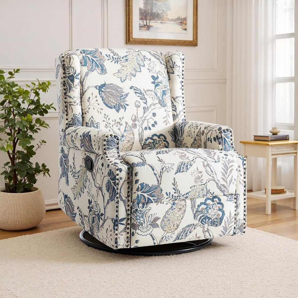 Lumibee Swivel Rocker Recliner Chairs, Printed Fabric Swivel Glider Rocking Chair with High Back, Upholstered Deep Seat Wingback Recliner Chair for Living Room Bedroom, Plants Blue
