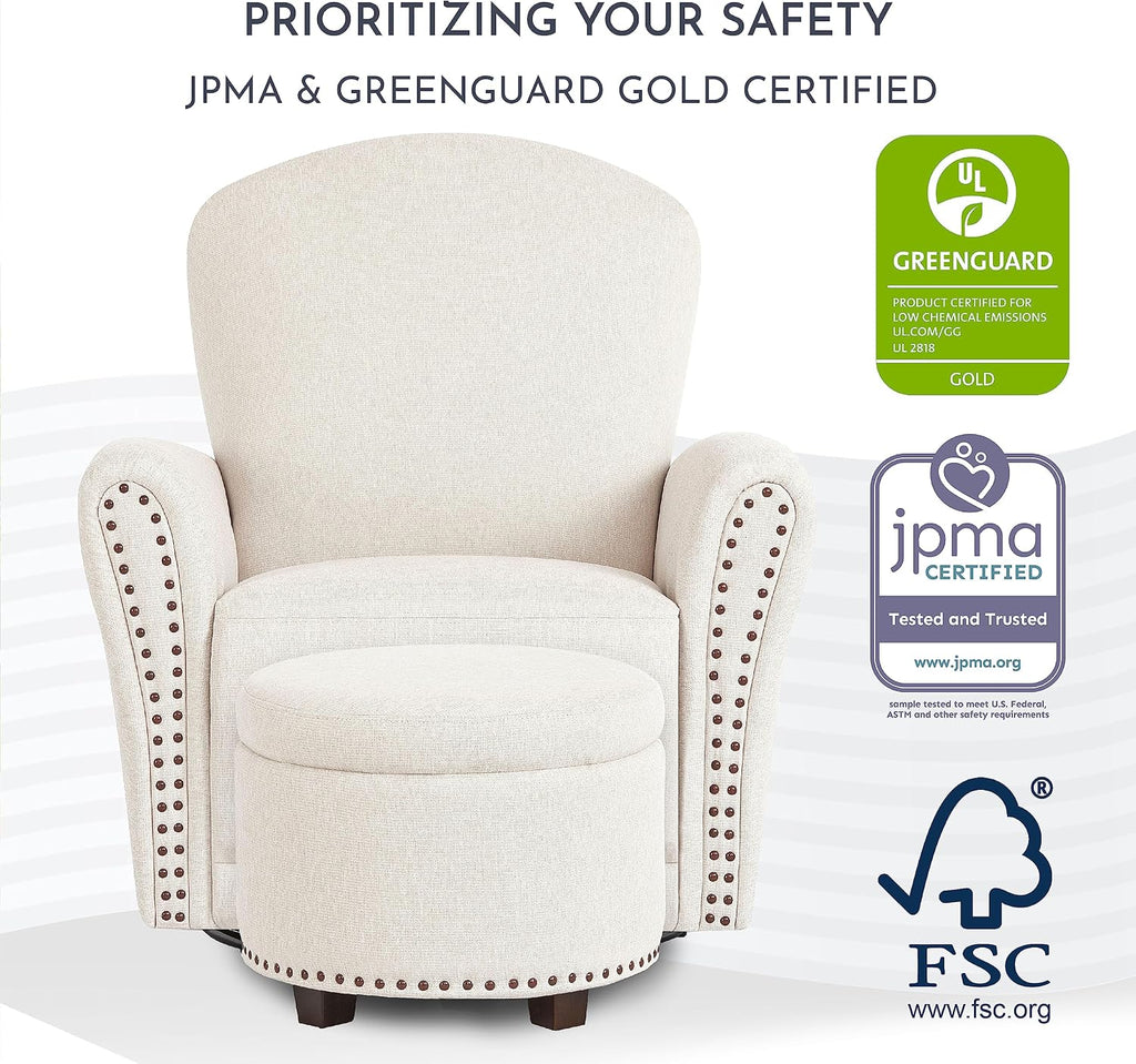 Evolur Vienna Swivel Glider with Ottoman, FSC Certified, Greenguard Gold and JPMA Certified Glider Rocking Chair, 360° Swivel Motion, Ergonomic Design Nursery Glider, Sweet Cream