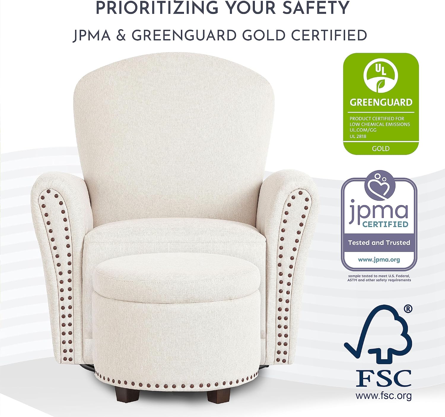 Evolur Vienna Swivel Glider with Ottoman, FSC Certified, Greenguard Gold and JPMA Certified Glider Rocking Chair, 360° Swivel Motion, Ergonomic Design Nursery Glider, Sweet Cream