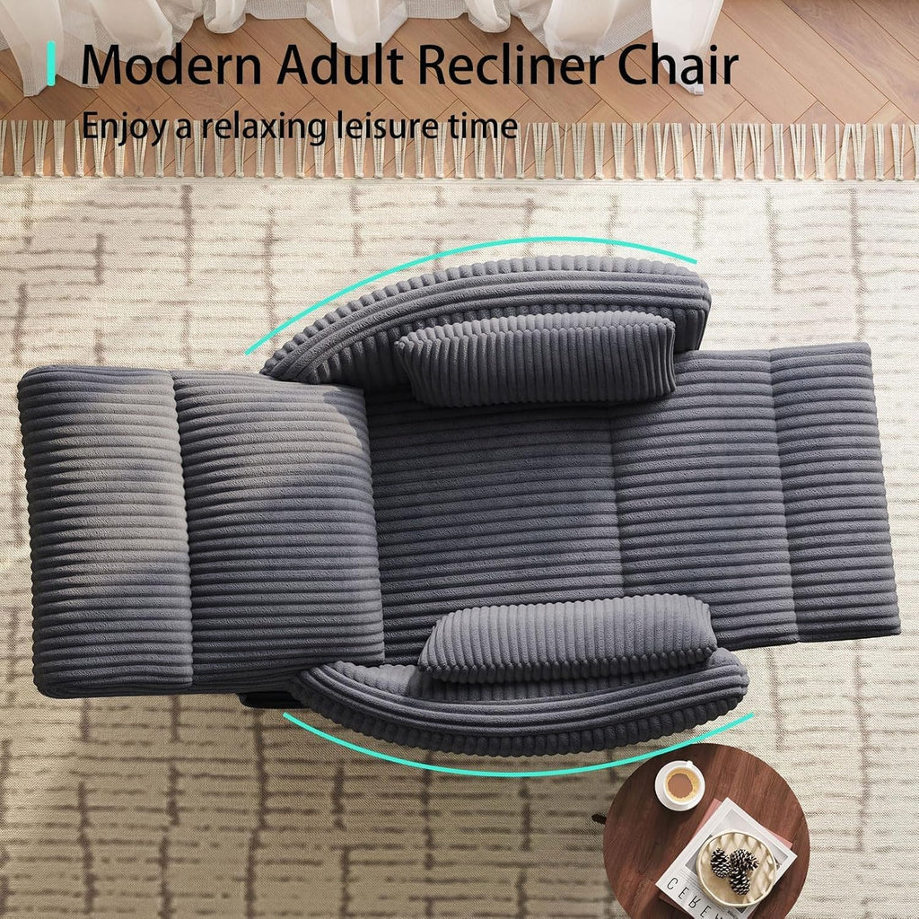 LINSY 360 Swivel Recliner Chair, Nursery Glider Rocking Chair with 2 Pillows, Corduroy Nursing Chair Comfy High Back Adult Rocker Recliner for Small Spaces, Nursery Bedroom Living Room (Gray)