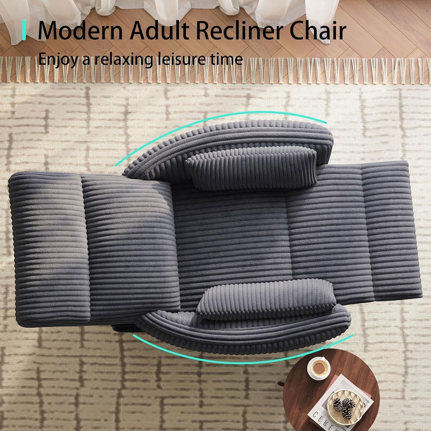 LINSY 360 Swivel Recliner Chair, Nursery Glider Rocking Chair with 2 Pillows, Corduroy Nursing Chair Comfy High Back Adult Rocker Recliner for Small Spaces, Nursery Bedroom Living Room (Gray)