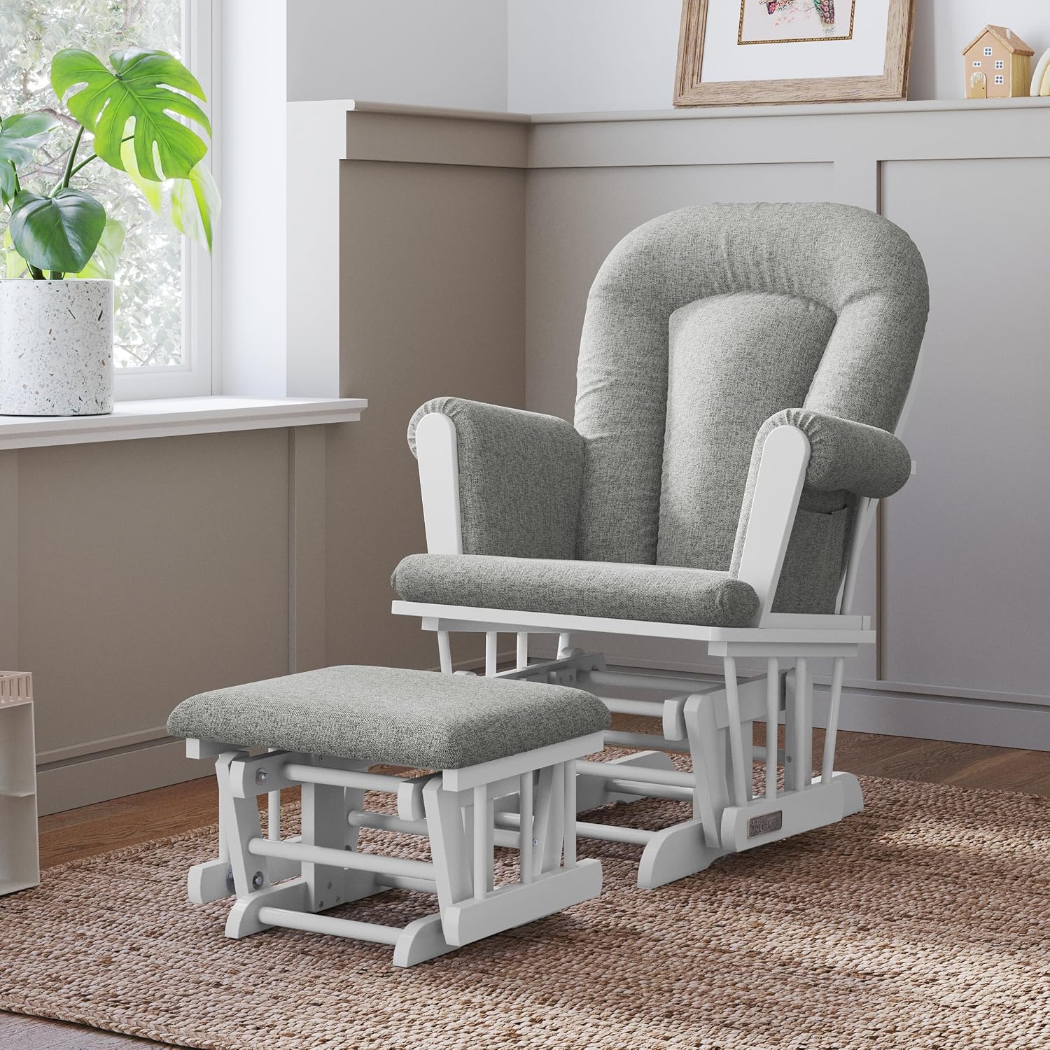 Child Craft Cozy Glider Rocker and Ottoman Set, Smooth Quiet Gliding Motion, Padded Cushion with Convenient Storage Pockets, Solid Wood Base & Frame (Matte White with Gray Cushion)