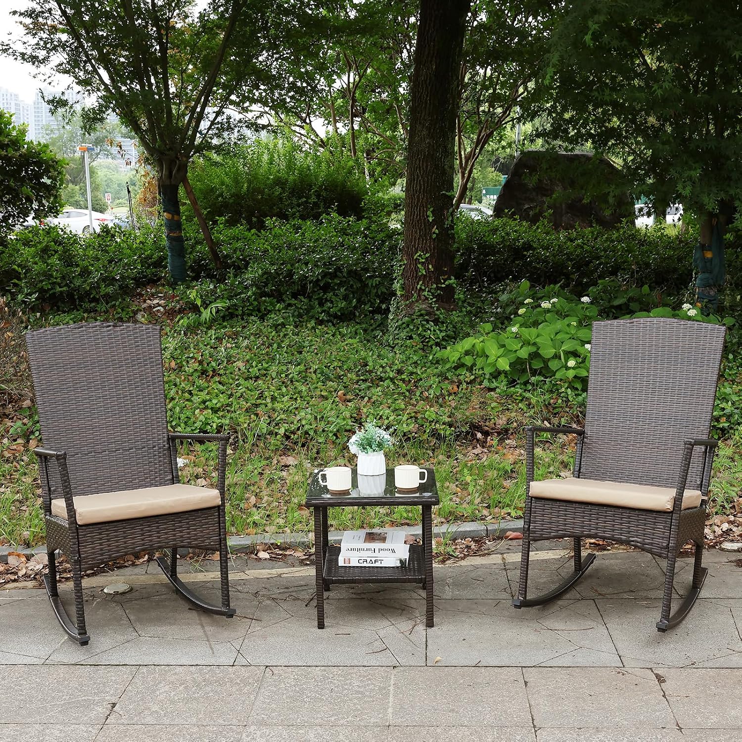 Outdoor Rocking Chair 3 Pieces High-Backed Rocking Chair Patio Rocking Chairs Outdoor Table, Khaki