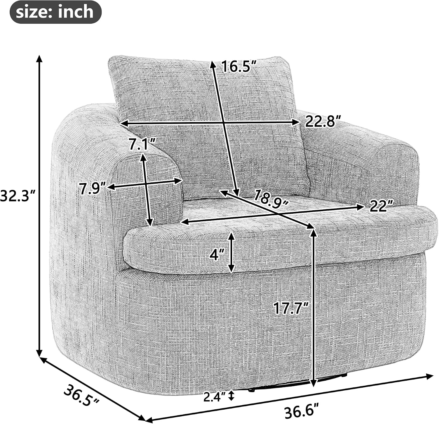 JIVOIT 360° Swivel Barrel Accent Chair, 36.6' Swivel Round Sofa Chair with Dual-Layer Cushion Design, Modern Upholstered Single Sofa for Living Room, Bedroom, Office and Hotel (Brown, 121)