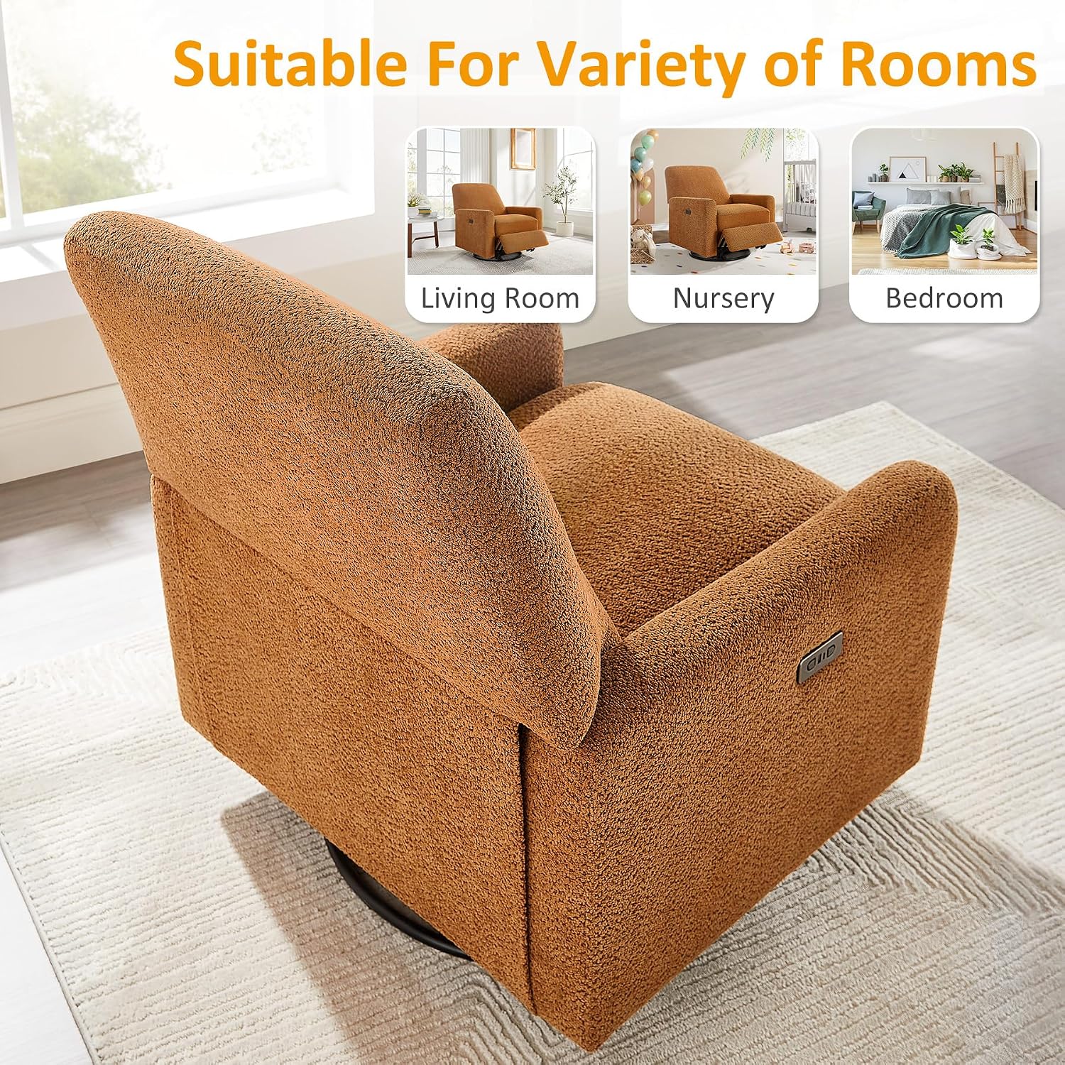 VANOMi Power Recliner Chair, 270° Swivel Nursery Chair with USB Charging Port Comfy Boucle Glider Rocking Chairs for Living Room, Nursery, Bedroom, Curry