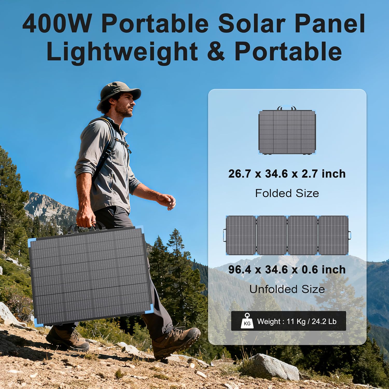 400W Bifacial Portable Solar Panel for Power Station, 23.5% High Efficiency ETFE Foldable Solar Charger for Camping Essentials,IP68 Waterproof 3 Reinforced Kickstands for RV Off-Grid Blackouts